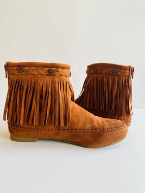 Fringe Suede Ankle Boots in Cognac